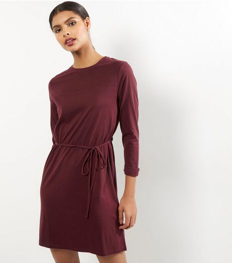 Burgundy Seam Trim Tie Waist Tunic Dress | New Look