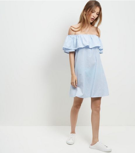 Blue Stripe Frill Trim Bardot Neck Dress | New Look