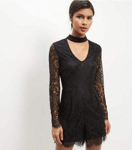 Parisian Black Lace Overlay Choker Neck Playsuit | New Look