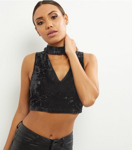 Parisian Black Velvet Choker Neck Crop Top | New Look