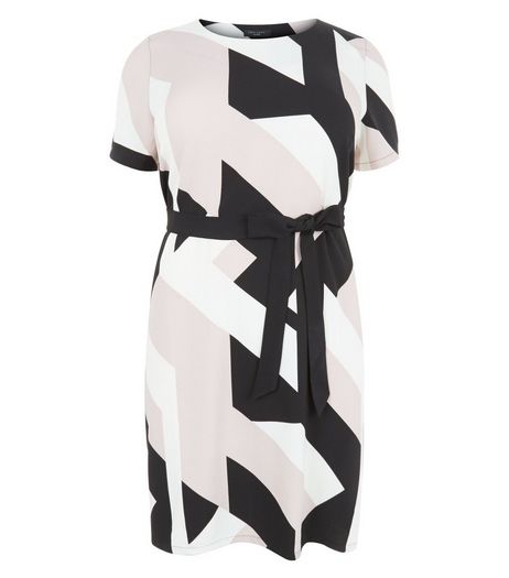 Curves Pink Geo Print Belted Tunic Dress | New Look