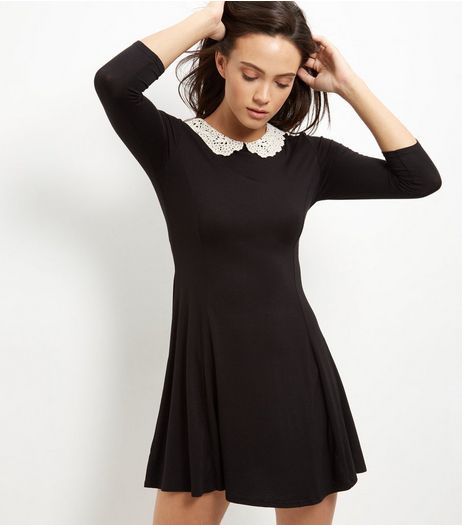 Black Crochet Collar Skater Dress | New Look