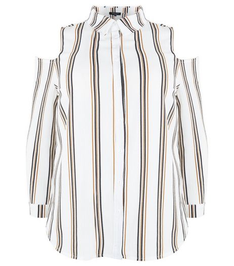 Curves White Stripe Print Cold Shoulder Shirt | New Look