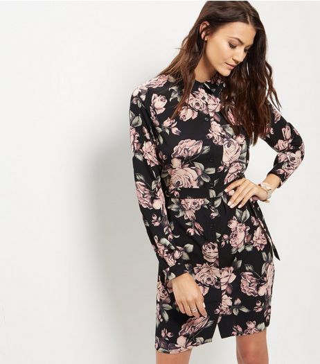 Black Floral Print Belted Shirt Dress | New Look