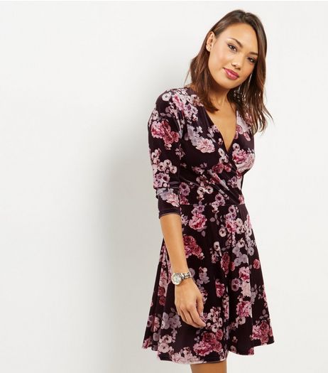 Black Floral Print Velvet Wrap Front Dress | New Look