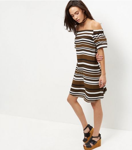 Green Stripe Bardot Neck Dress | New Look
