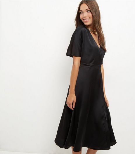 Black Sateen Wrap Midi Dress | New Look