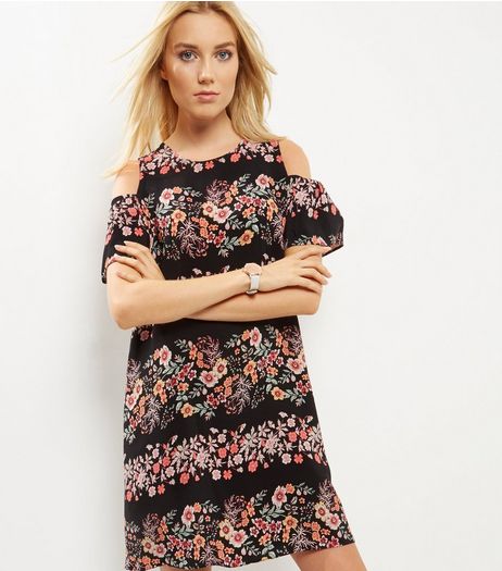 Black Floral Print Frill Trim Cold Shoulder Dress | New Look