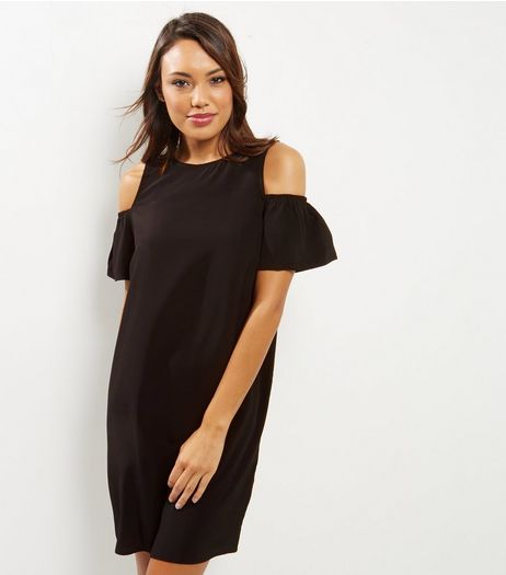 Black Frill Trim Cold Shoulder Tunic Dress | New Look
