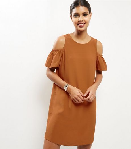 Brown Frill Trim Cold Soulder Tunic Dress | New Look