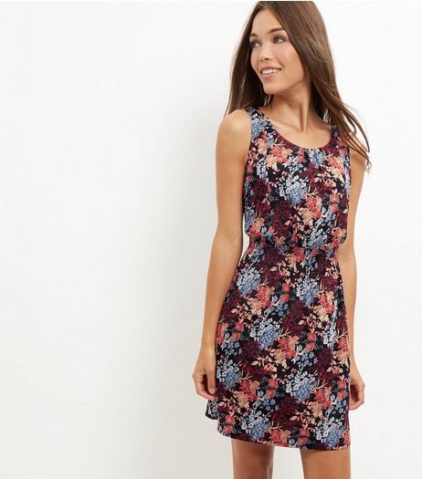 Black Floral Print Shirred Waist Sleeveless Dress | New Look