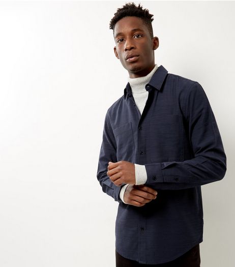 Navy Textured Long Sleeve Shirt | New Look