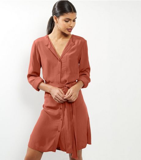 Brown Long Sleeve Belted Shirt Dress | New Look