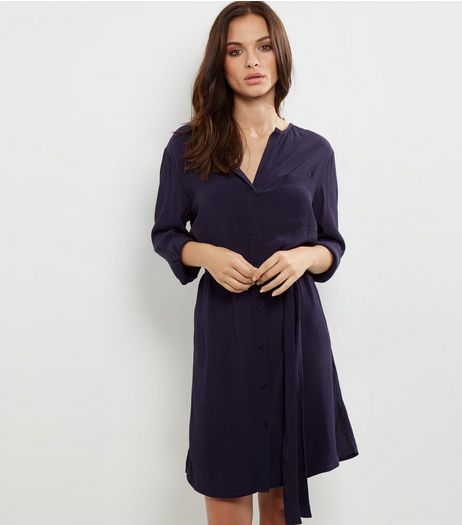 Navy Long Sleeve Belted Shirt Dress | New Look