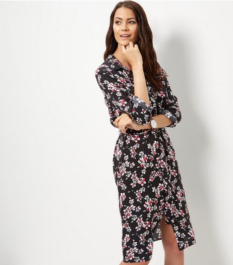 Black Floral Print Midi Shirt Dress | New Look