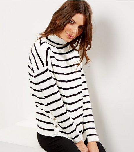 Whtie Stripe Popper Side Funnel Neck Jumper | New Look