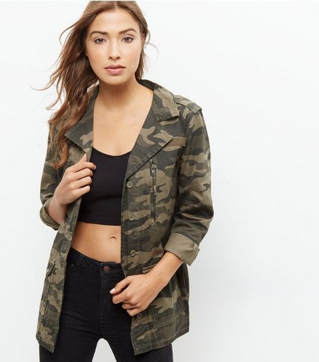 Parisian Green Camo Print Double Zip Shacket | New Look