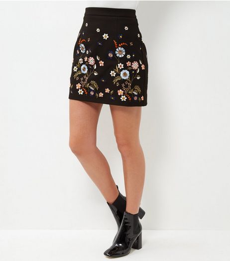 Black Floral Embroidered A-Line Skirt | New Look