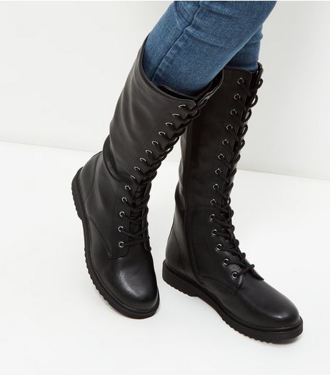 Black Knee High Lace Up Boots | New Look