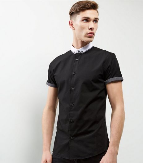 Black Button Collar Short Sleeve Shirt | New Look
