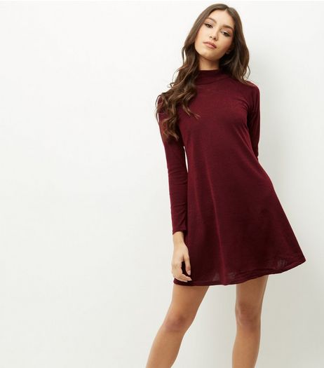 AX Paris Dark Red Long Sleeve Funnel Neck Swing Dress | New Look