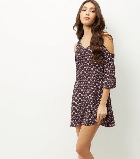 AX Paris Burgundy Abstract Print Cold Shoulder Dress | New Look