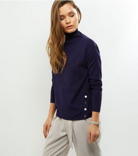 Navy Popper Trim Funnel Neck Jumper | New Look