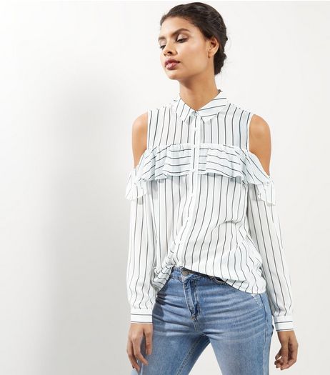 White Stripe Print Cold Shoulder Shirt | New Look