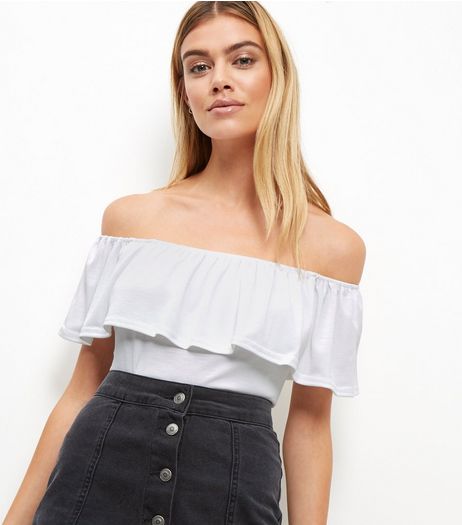 Cream Textured Ruffle Trim Bardot Neck Top | New Look