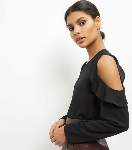 Black Frill Trim Cold Shoulder Top | New Look