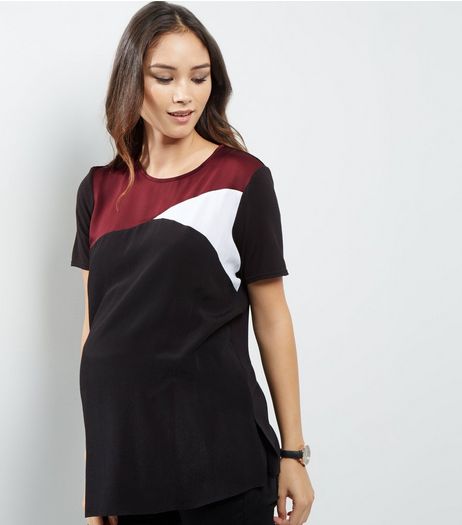 Maternity Burgundy Sateen Colour Block Top | New Look
