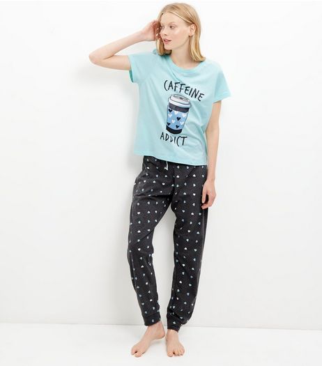 Mint Green Heart Print Pyjama T-Shirt and Joggers | New Look