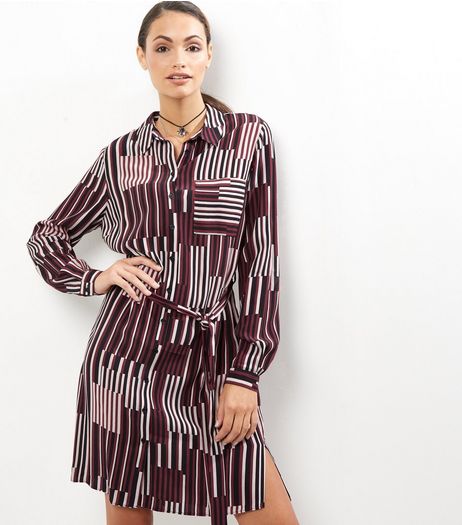 Burgundy Contrast Stripe Tie Waist Shirt Dress | New Look