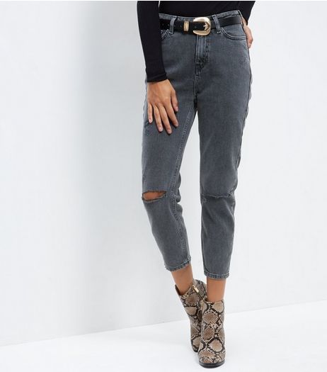 Black Washed Ripped Knee Mom Jeans | New Look