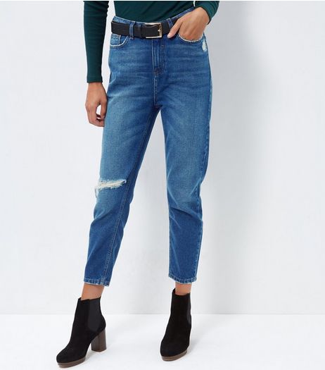 Blue Ripped Knee Mom Jeans | New Look
