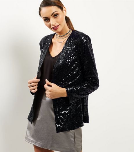 Black Sequin Shoulder Padded Jacket | New Look