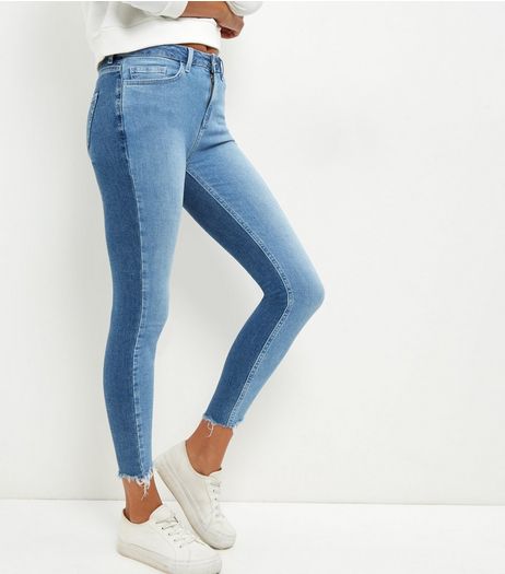 Pale Blue Two Tone Fray Hem Skinny Jeans | New Look