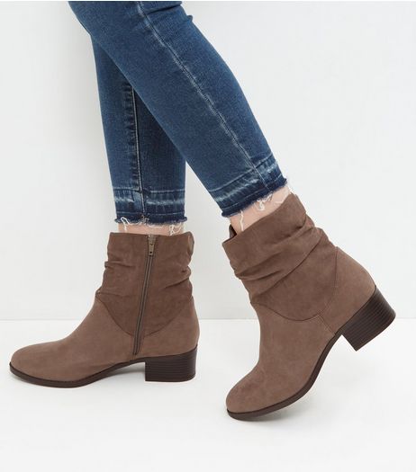 Wide Fit Brown Suedette Ruched Ankle Boots | New Look