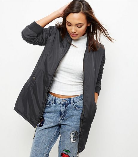 Black Padded Longline Bomber Jacket | New Look