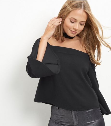 Black Bardot Neck Flared Sleeve Top | New Look