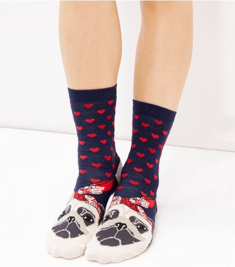 Navy Pug Print Socks | New Look