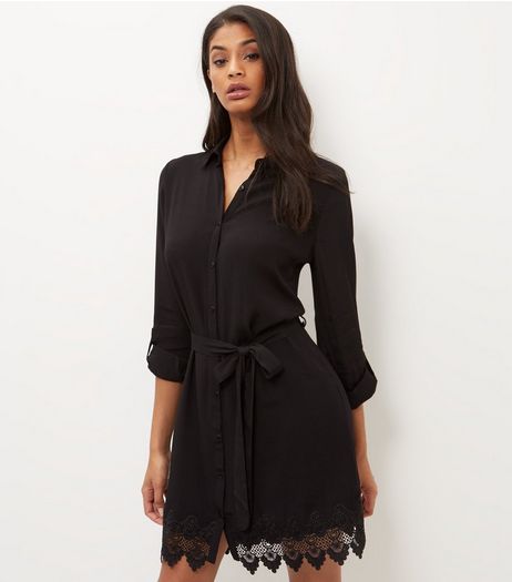 Cameo Rose Black Crochet Hem Shirt Dress | New Look