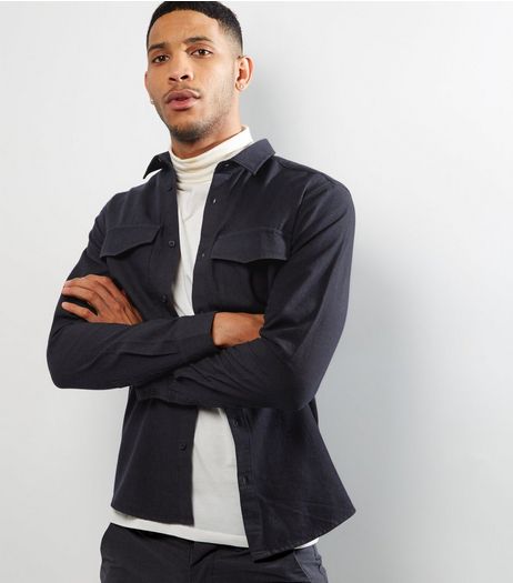 Navy Double Pocket Long Sleeve Shirt | New Look