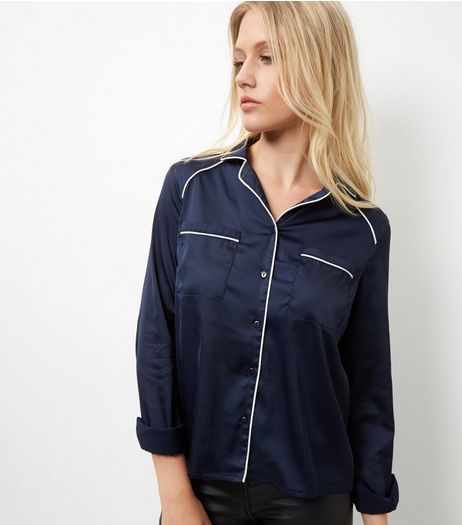 Cameo Rose Navy Satin Contrast Trim Pyjama Shirt | New Look