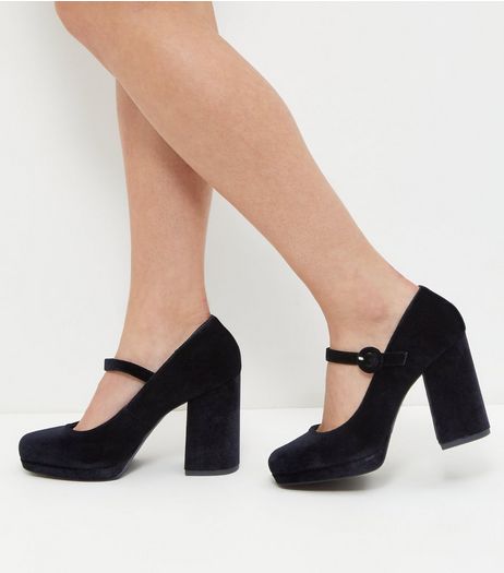 Wide Fit Black Velvet Strap Front Block Heels | New Look