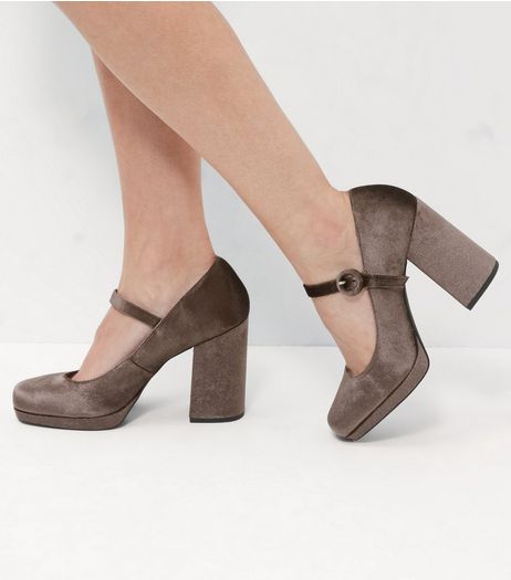 Wide Fit Grey Velvet Strap Front Platform Heels | New Look