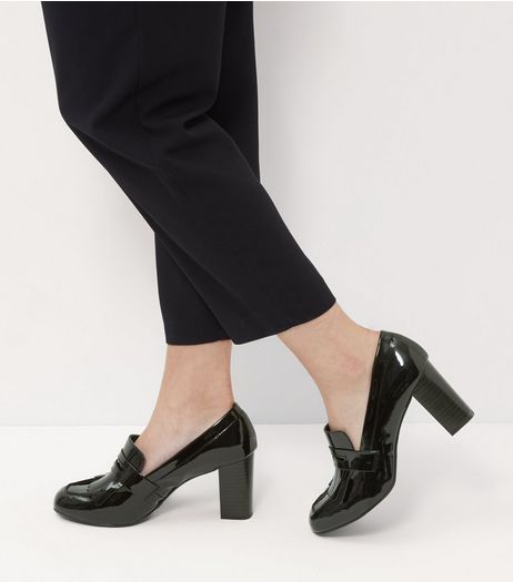 Wide Fit Black Comfort Patent Loafer Block Heels | New Look