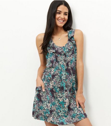 Apricot Blue Butterfly Print Ruffle Neck Dress | New Look