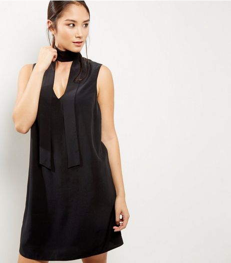 Black Tie Neck Sleeveless Tunic Dress | New Look