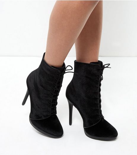 Black Velvet Lace Up Ankle Boots | New Look